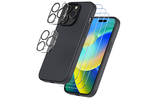 Trianium [6 in 1 Designed for iPhone 14 Pro Case Silicone (Black), with 3 Pack Screen Protector + 2 Pack Camera Lens Protector, Bundle Protection Kit HD Tempered Glass Slim Cover 6.1 Inch 2022