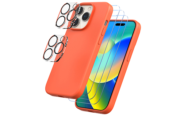 Trianium [6 in 1 Designed for iPhone 14 Pro Max Case Silicone (Orange), with 3 Pack Screen Protector + 2 Pack Camera Lens Protector, Bundle Protection Kit HD Tempered Glass Cover 6.7 Inch 2022